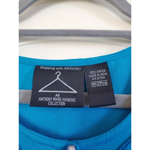 Vintage 90s Aqua Blue Embellished Relaxed Flowy Button Up Blouse Tunic, Medium - Picture 2 of 11